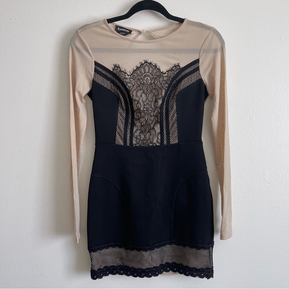 Bebe mini dress black lace nude sheer long sleeves women’s size small - Picture 4 of 14